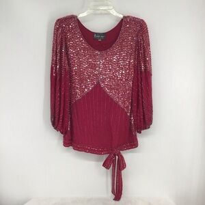 Vintage Sister Max Sequined Beaded 100% Silk Long Sleeve Top Red Size Medium